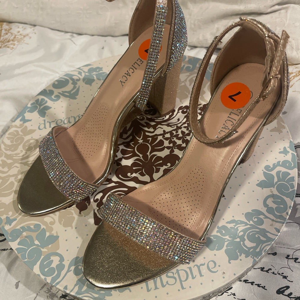 Glittery Gold Heels with Ankle Strap